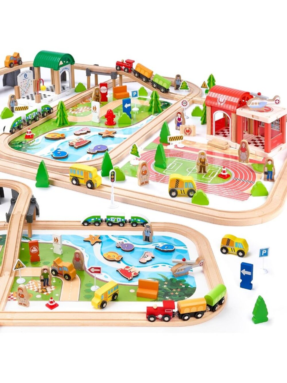 175-Piece Wooden Train Set for Toddlers, Expandable Track & Puzzles, STEM Toys